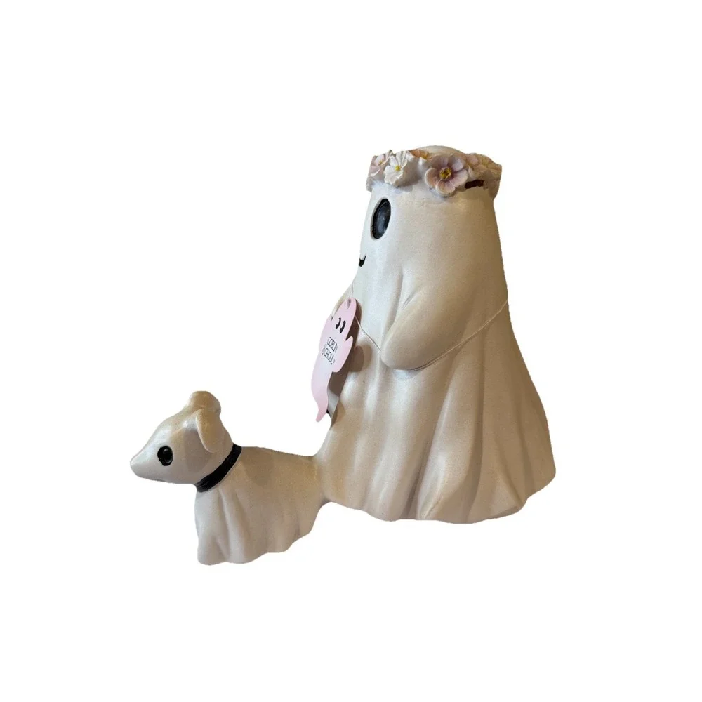 GOBLIN & GHOUL Ghost Girl W Flower Crown Walking Dog Figurine Tabletop Decor NWT